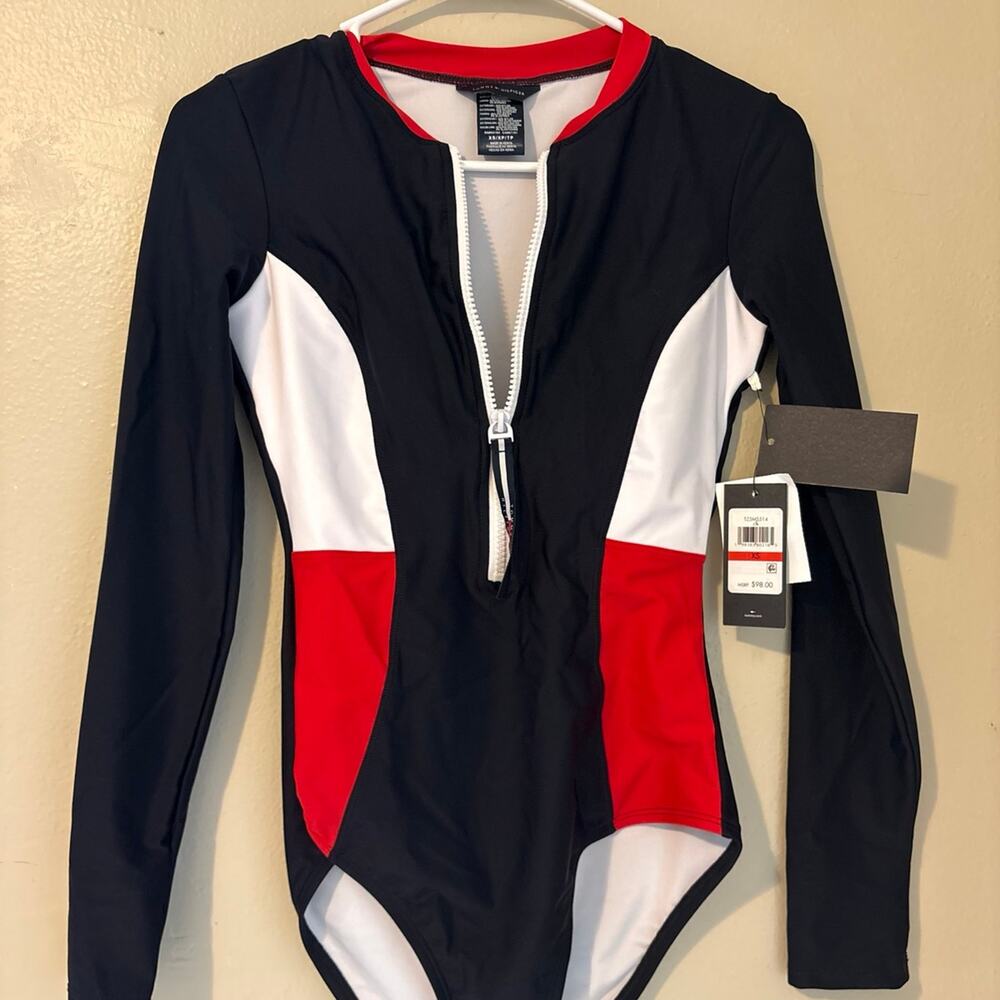 NWT Tommy Hilfiger Long Sleeve Zip Front One Piece Swimsuit Colorblock XS